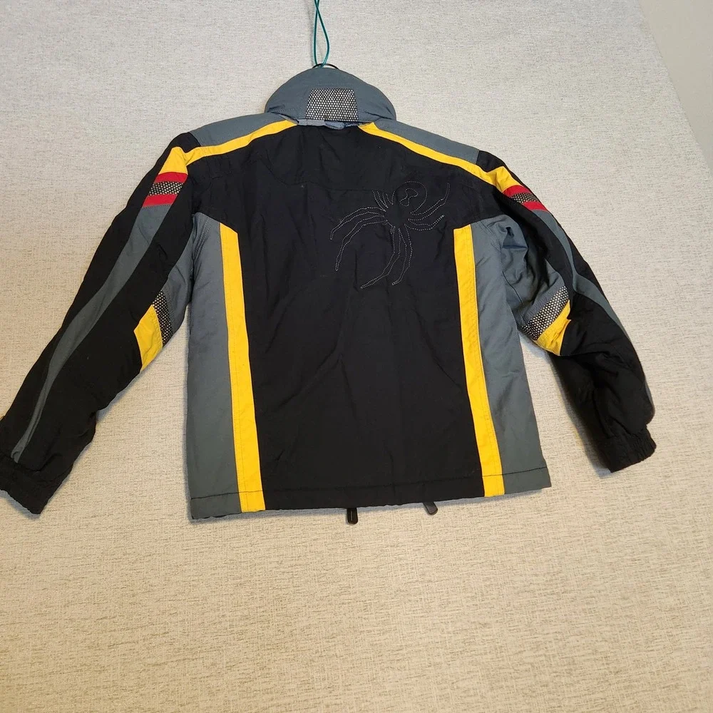 Spyder Ski Jacket Boys Size 12 Black Yellow Grey Insulated Hooded Winter Coat